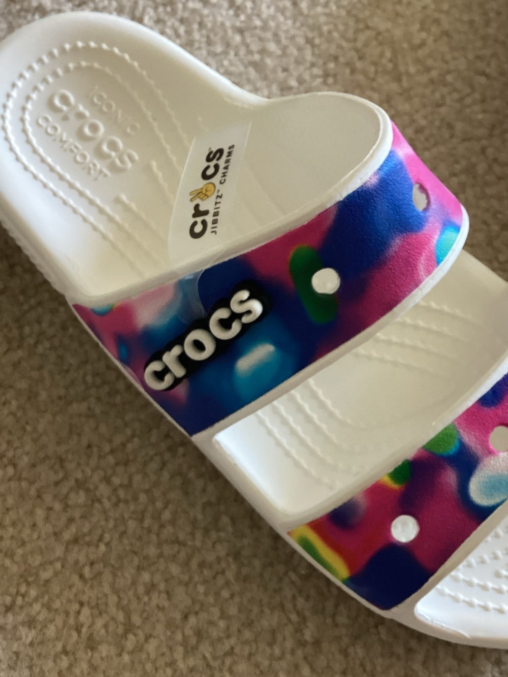 NWT CROCS White Slides with Multicolor Tie-Dye Straps - Picture 6 of 6